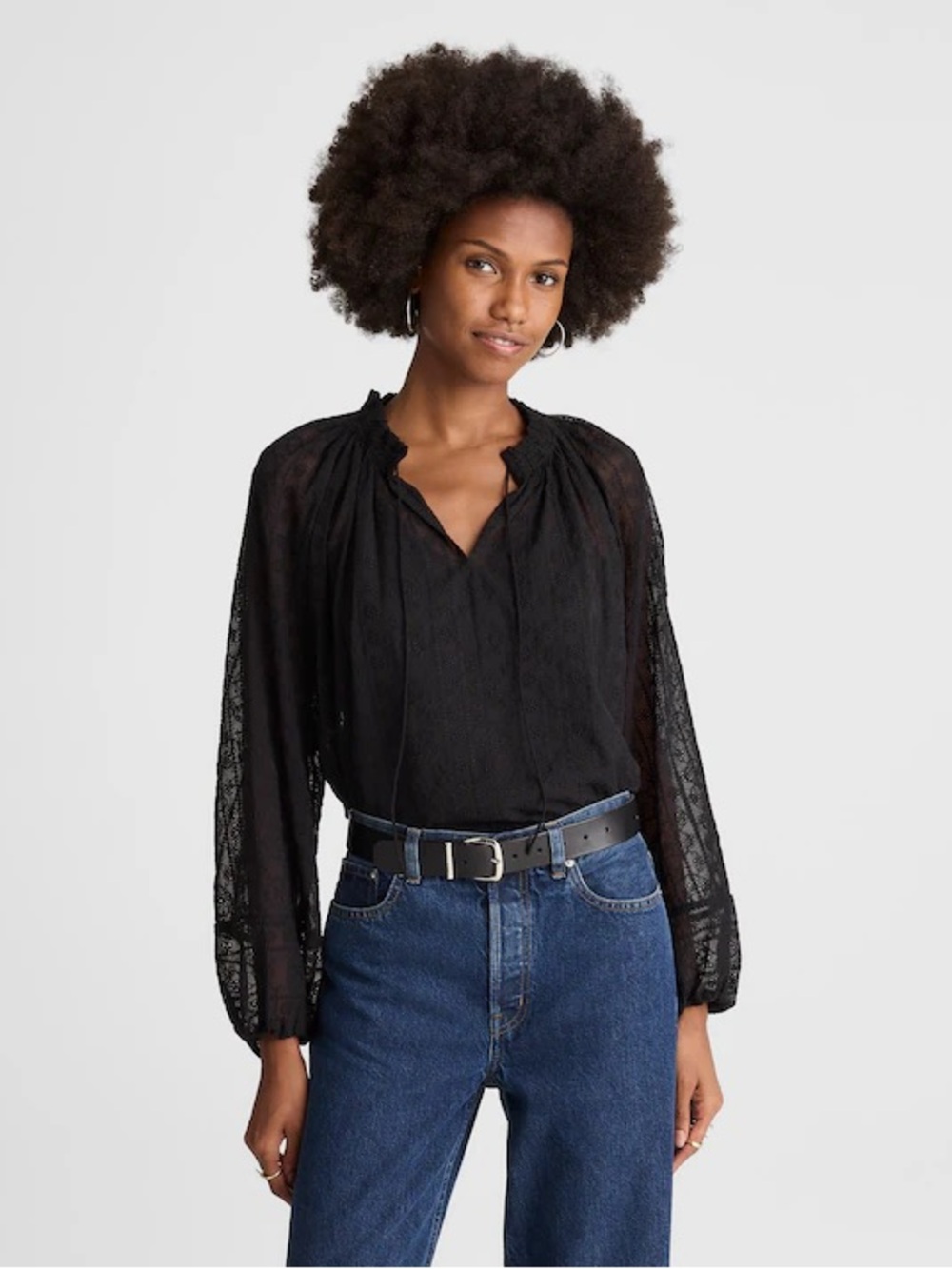 Madewell Embroidered Tie-Neck Long-Sleeve Top Jet Black Size Medium